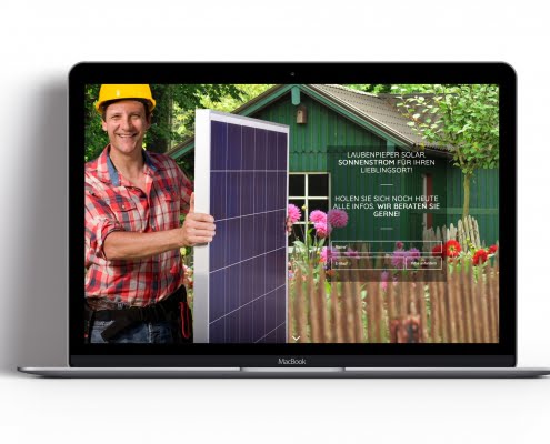 Bottega Design Referenz Illustration Webseite auf MacBook für Laubenpieper Solar